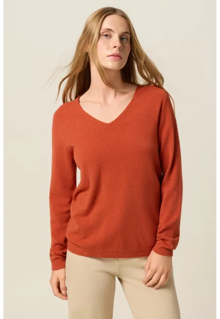Слим пуловер с шпиц - Тъмно оранжево