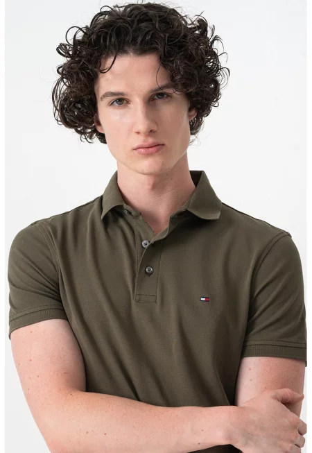 Слим тениска с органичен памук с яка - Тъмно каки