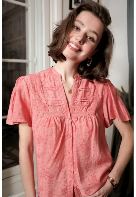 Тъмно розова риза с къс ръкав с щампа L3500 16953