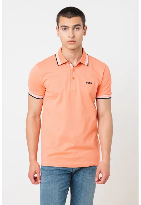 Тениска Paddy от памучно пике с яка - Бял/Черен/Корал