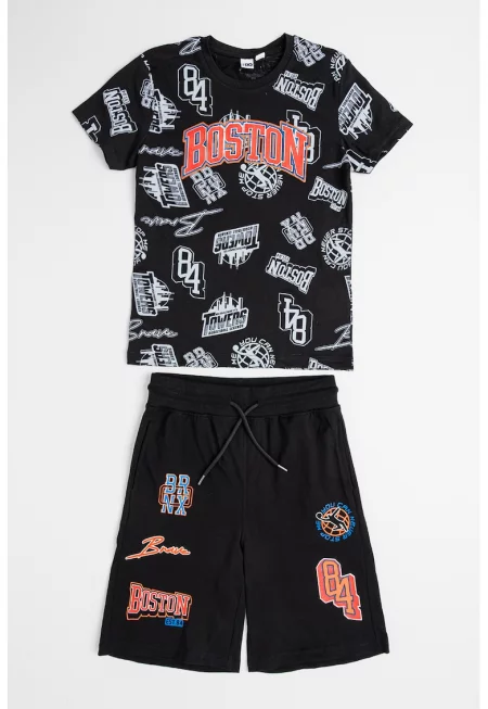 Тениска с графика и бермуди с връзка - Черен/Бял