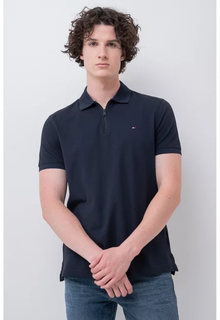 Тениска с къс цип и яка - Тъмносин