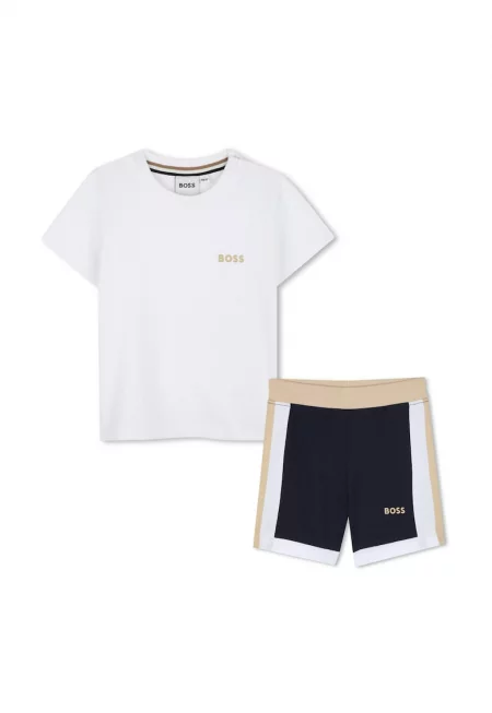 Тениска с овално деколте и къс панталон - 2 части - Бял/Черен/Бежов