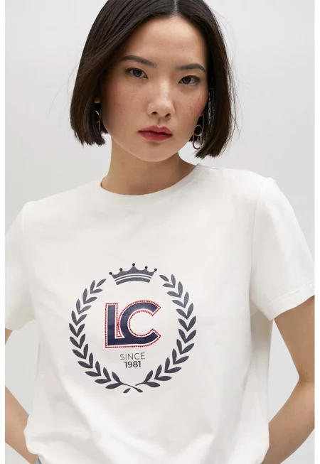 Тениска с овално деколте и лого - Бял/Тъмносин