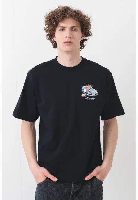 Тениска с овално деколте и принт - Пастелносин/Черен/Бял