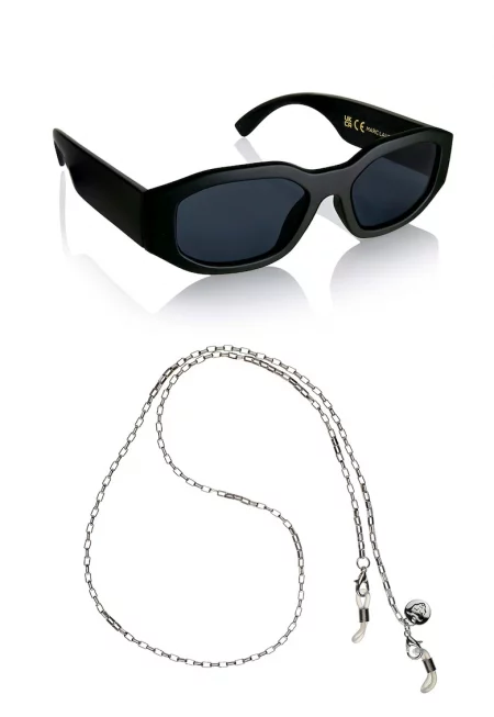 Унисекс правоъгълни слънчеви очила с верижка - Черен