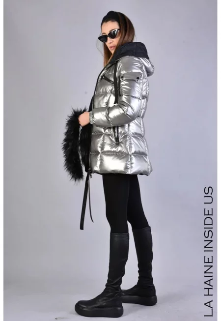 Ватирано яке с качулка от еко кожа - Сребрист