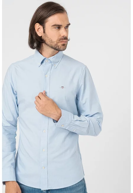 Вталена памучна риза - Светлосин