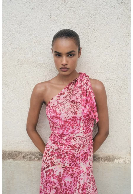 Асиметрична рокля с десен - Бял/Розово