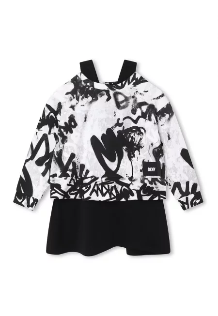 Блуза с щампа и рокля - 2 части - Бял/Черен