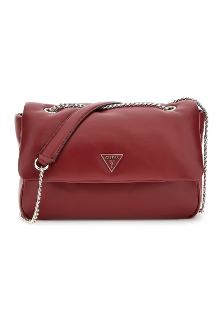 Чанта през рамо от еко кожа с презрамка с верижка - Тъмночервен