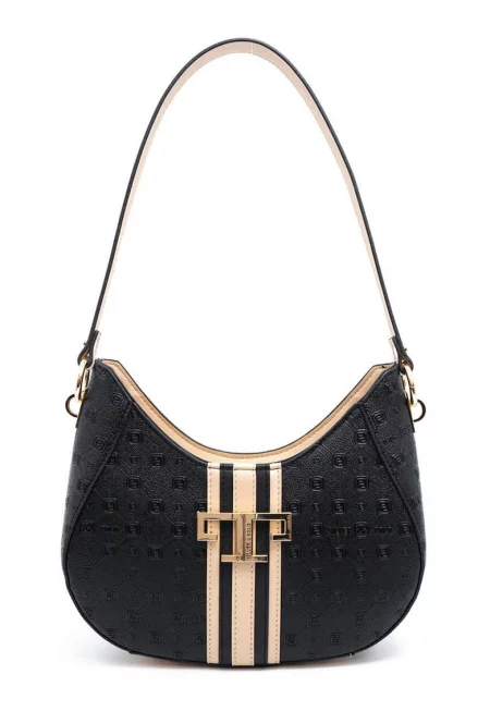 Чанта за рамо от еко кожа с принт - Черен/Крем