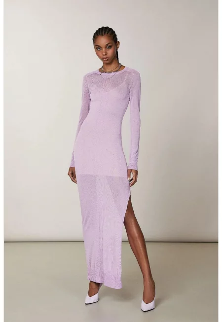 Дълга - прозрачна рокля с кръгло деколте - Лилав