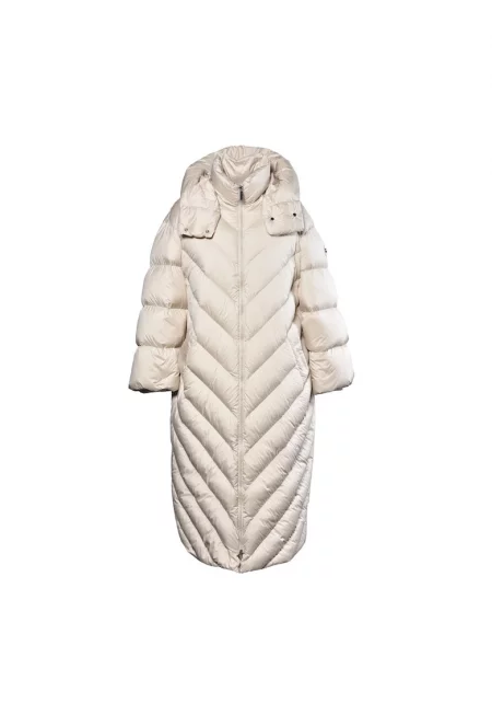Дълго зимно яке с пухена вата и качулка - Крем