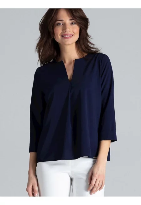 Дамска блуза -  тъмносин - дълги ръкави - V-образно деколте - полиестер - Тъмносин