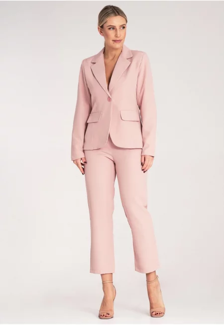 Елегантен дамски комплект -  яке и панталон - пудрово розово - полиестер-еластан - SM