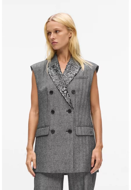 Елек от туид с ревери с пайети - Сив меланж