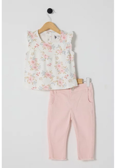 Флорална тениска и къс панталон - 2 части - Пастелнорозов/Мръснобял