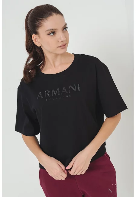 Къса тениска с паднали ръкави - Черен