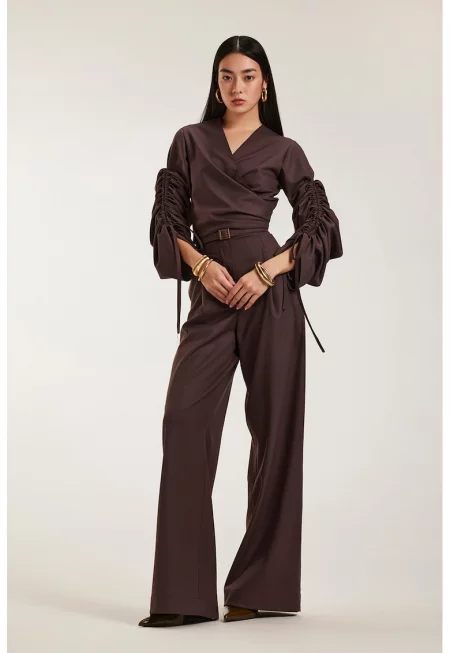 Комплект блуза и дълъг панталон Renata - Кафяв - Тъмнокафяв