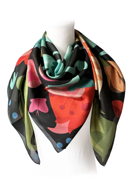 Копринен шал с щампа - Избеляло черно/Аква зелено/Петролно синьо