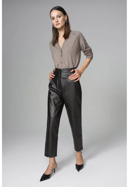 Кожен панталон с висока талия - Черен