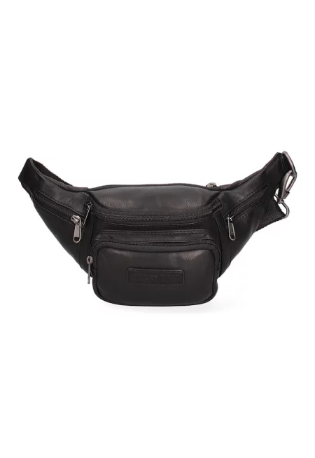 Кожена чанта за кръста с джобове - Черен