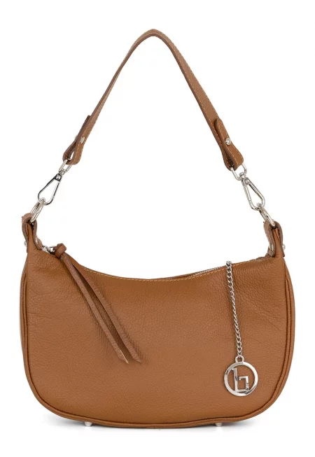 Кожена чанта за рамо с отделящ се аксесоар с лого - Карамел