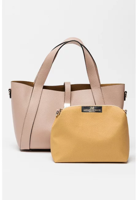 Кожена шопинг чанта - Прашно розово