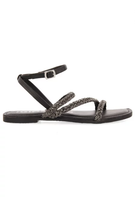 Кожени сандали с декоративни камъни - Черен