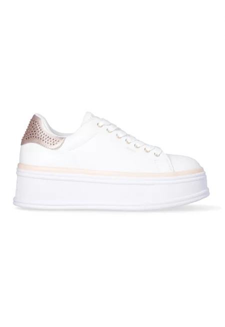 Кожени спортни обувки с платформа и декоративни камъни - Бял/Розово