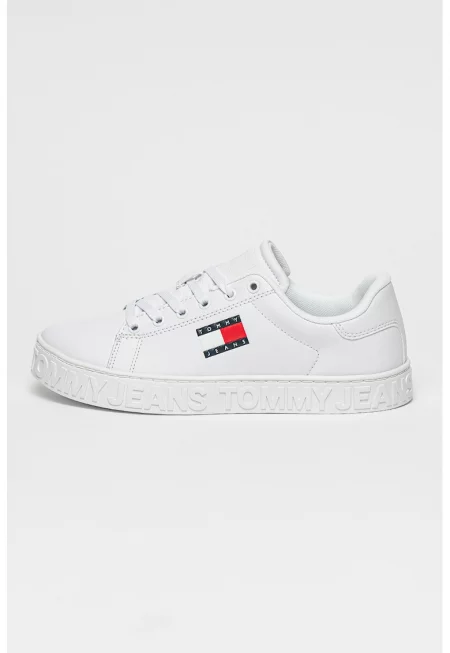 Кожени спортни обувки с релефно лого - Червен/Бял/Тъмносин