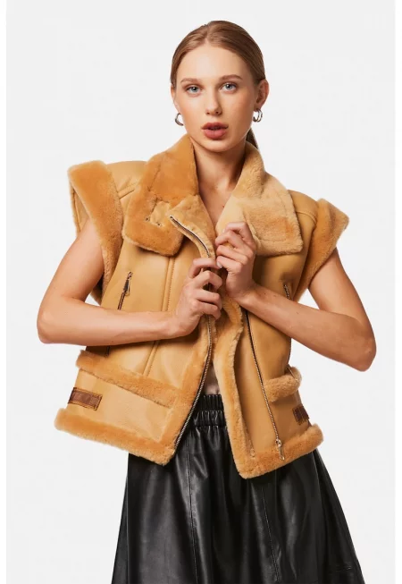 Кожено яке с дизайн 2в1 - Канелено кафяво/Шафраново жълто