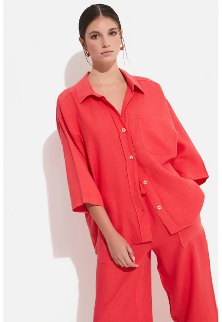 Ленена риза с 3/4 ръкави - Червен