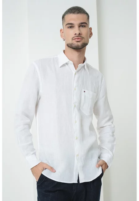 Ленена риза с пришит джоб - Бял