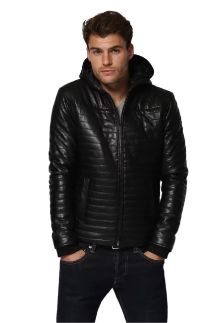 Мъжко яке  с качулка - ватирано - с естествена кожа - черно - Черен