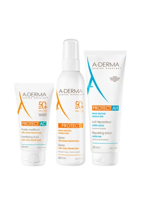 Пакет  Protect – Матиращ слънцезащитен флуид SPF 50+ - 40 мл + Слънцезащитен спрей SPF 50+ - 200 мл + Възстановяващ лосион за след слънце Protect AH - 250 мл