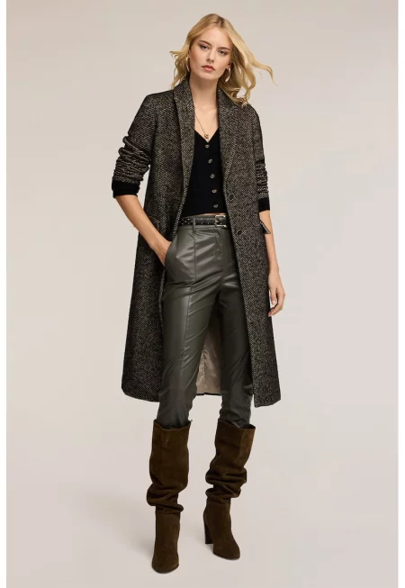 Палто с вълна с джобове с капаче - Черен/Бежов