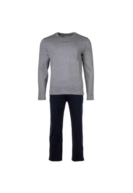 Памучна пижама с овално деколте - Сив/Тъмносин