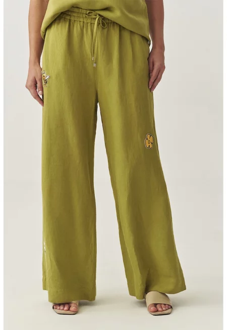 Панталон с лен с апликации - Шам фъстък зелено