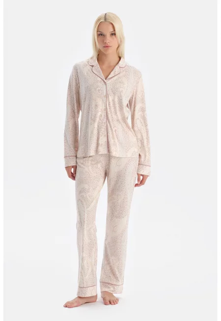 Пижама с модал и принт - Светло бежово
