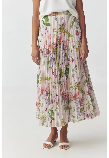 Плисирана флорална пола - Слонова кост/Маслинено зелено