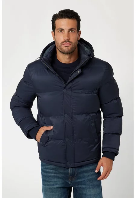 Подплатено зимно яке с качулка - Тъмносин