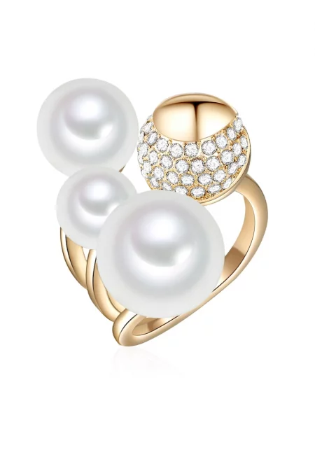 Пръстен 22557 с покритие от 14К злато с еко перли и кристали - Златист