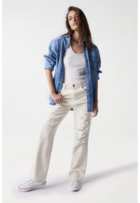 Прави дънки с протрити зони - Мръснобял