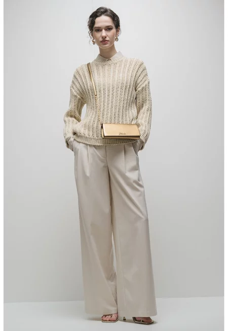 Пуловер с ажур и паднали ръкави - Светло бежово