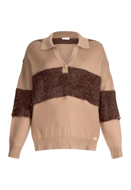 Пуловер с яка и паднали ръкави - Кафяв