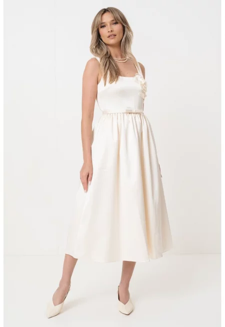 Разкроена рокля с джобове встрани - Бял/Крем