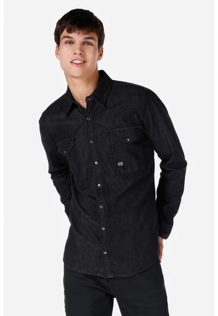 Риза от деним с капси - Черен