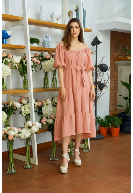 Рокля Cassia с голо рамо и асиметричен подгъв - Розова сьомга